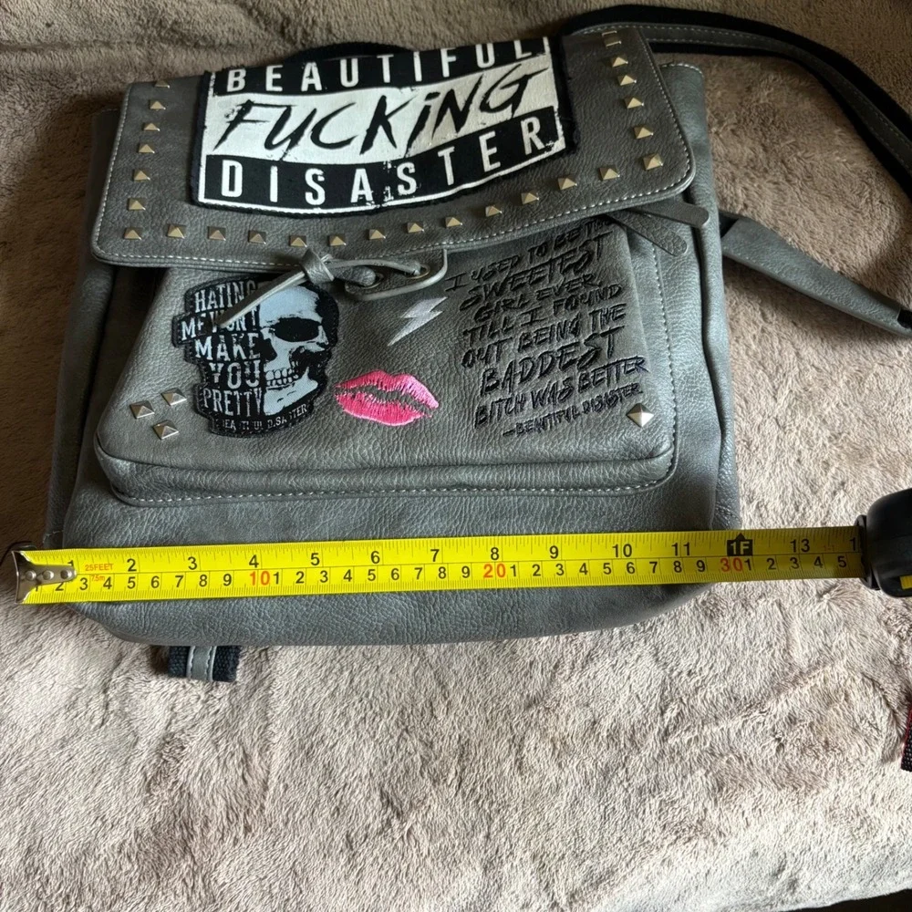 Beautiful Disaster Grey Studded Convertible Backpack Crossbody Bag Skull Punk